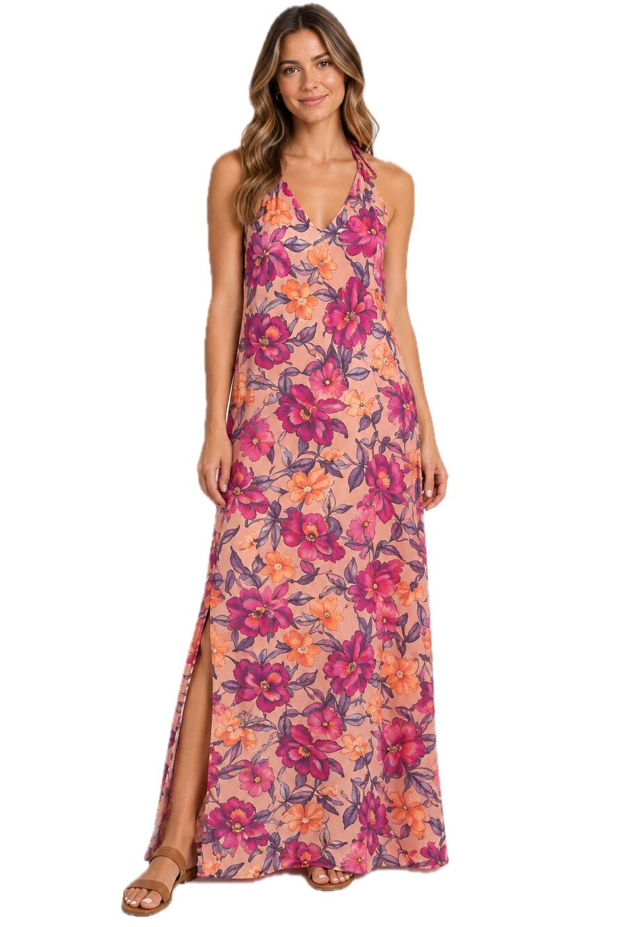 Old Navy NEW Floral Maxi Dress L Peach Pink Tie Back V Neck Side Slit Resortwear